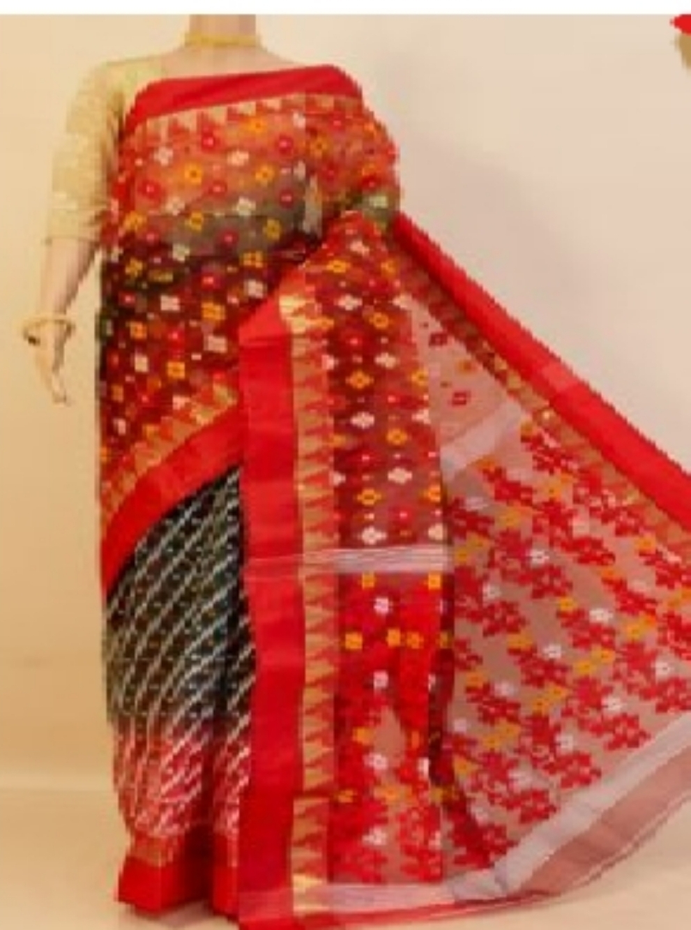 Beautiful New Red Black & White Bengal Handloom Pure Cotton Jamdani Saree
